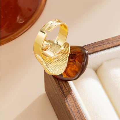 Chunky Statement Ring for Women Colorful Big Resin Rings Statement Irregular Geometric Shaped Large Ring Boho Summer Beach Vacation Chunky Jewlery - color: Brown
