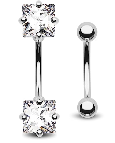 2pcs 16g Small Size Belly Button Rings Pack Surgical Steel Square AAA CZ Curved Barbell Navel Rings New - color: steel