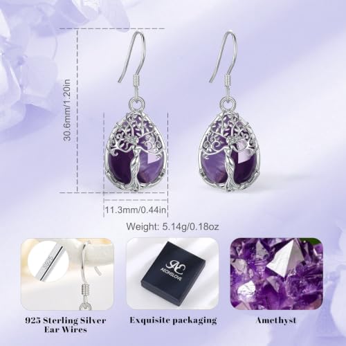 AEONSLOVE Tree of Life Crystal Earrings with Sterling Silver Ear Hooks, Dangle Drop Tree Earrings Gifts for Women - style: A01-Amethyst-Teardrop