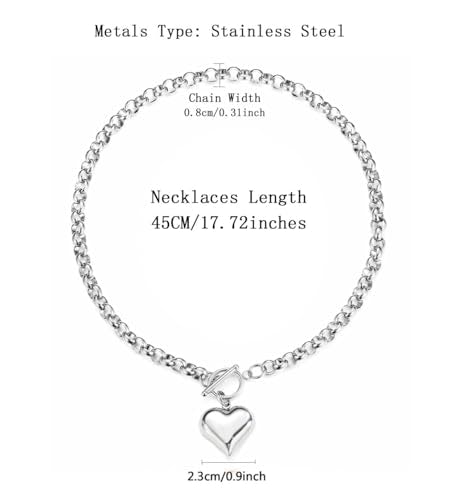 Stainless Steel Puffy Heart Pendant Round Chain Chunky Necklace - size: 18inch