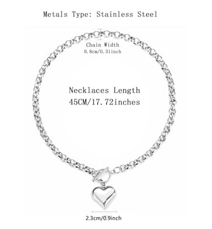 Stainless Steel Puffy Heart Pendant Round Chain Chunky Necklace - size: 18inch