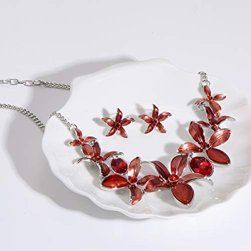 AMYJANE Vintage Statement Jewelry Set - Spring Leaf Flower Floral Plant Necklace Earring Set Crystal Rhinestone Fashion Costume Jewelry for Women Prom Party Unique Gift - style: Flower Jewelry Set Red