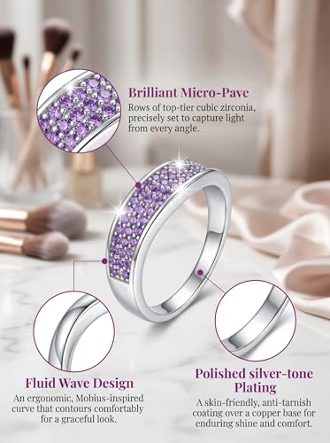 HEXAJOLIE Ribbon Statement Band Ring for Women | Elegant Gold Jewelry Accessories | Perfect for Party & Date Night | Hypoallergenic & Durable - color: Silver/Purple