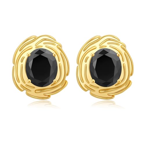 Chunky Gold Geometric Stud Earrings Trendy Vintage 14K Gold Plated Black Cubic Zirconia Statement Cocktail Earrings Dupes Jewelry for Women - style: Black Stone A