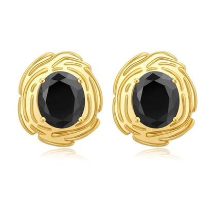 Chunky Gold Geometric Stud Earrings Trendy Vintage 14K Gold Plated Black Cubic Zirconia Statement Cocktail Earrings Dupes Jewelry for Women - style: Black Stone A