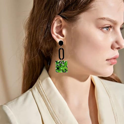 Retro Trendy Acrylic Multicolor Mottled Geometric Drop Earrings | Statement Dangle Jewelry for Women - color: green