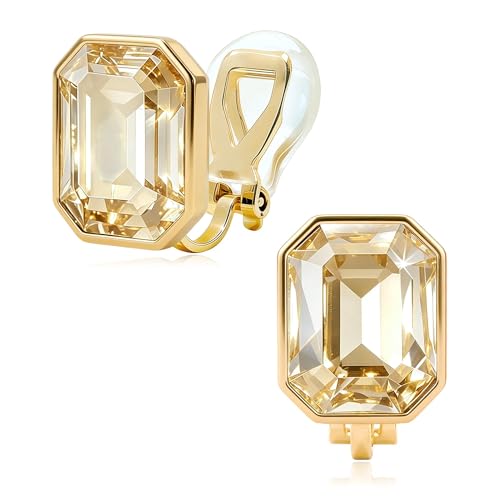 Octagon Austrian Crystal Non Pierced Clip On Earrings for Women | 14K Gold-Plated,Silicone Comfort Pad,Great for Unpierced Ears, Gift Box Included,Brighten Up Daily Outfits - color: Light Topaz