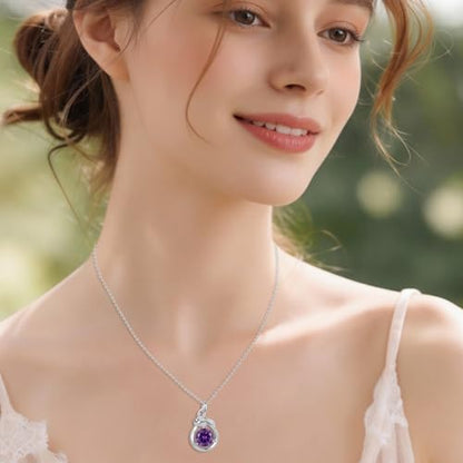 Teardrop Birthstone Necklace for Women 14K Gold/White Gold Elegant Ribbon Pendent Anniversary Love Birthday Gifts for Mom Women, 18"+2" Inches - color: White Gold-02-Feb Birthstone