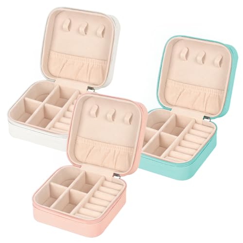 MFXIP Travel Jewelry Case Small Jewelry Box Jewelry Organizer Storage Case Portable PU Leather Mini Jewelry Travel Case for Girls Womens Earring, Necklace, Rings,Bracelets - color: Pink White Blue