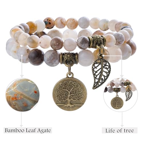 Bivei Natural Semi Precious Gemstone beads bracelet for women - Life Tree and Leaf Charm Energy Reiki Crystal Stretch Bracelets - color: Bamboo Leaf Agate Bracelet Set, size: Medium:6.8-7.24inch