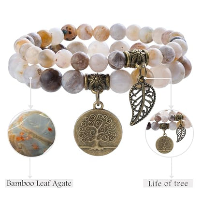 Bivei Natural Semi Precious Gemstone beads bracelet for women - Life Tree and Leaf Charm Energy Reiki Crystal Stretch Bracelets - color: Bamboo Leaf Agate Bracelet Set, size: Medium:6.8-7.24inch