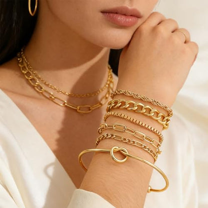Alegend 14K Gold Plated Stackable Multilayer Bracelets + Titanium Steel(Not Rust, Resist Corruption, Easily Clean) 18K Gold Plated Single Bracelets - color: 14K Gold Plated Six-Layered