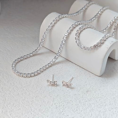 Luxval Tennis Necklace 14K Gold Plated Rhinestone Butterfly Choker Necklaces for women Dainty Zirconia Cut Faux Diamond chain 3mm - color: Silver-moon tennis set
