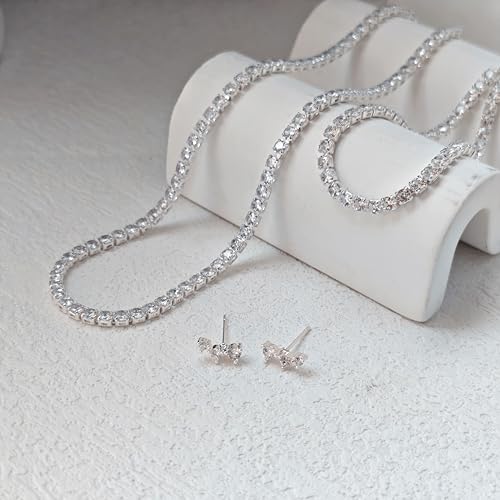 Luxval Tennis Necklace Set for Women Tennis Bracelets Diamond Earrings Sterling Silver Necklace Wedding Jewelry for Bride Silver Jewelry Sets for Women Gift - color: Silver-3CZ tennis set