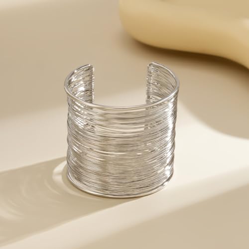 3PCS Gold Chunky Cuff Bracelets for Women Irregular Minimalist Statement Bangle Bracelets Set Open Wide Bangle Arm Cuff Upper Arm Punk Jewelry - color: 3PCS Silver Cuff Bracelets