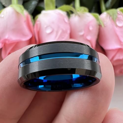 TUTISS 6mm 8mm Silver/Black/Blue/Gunmetal/Gold/Rose Gold Tungsten Rings for Men Women Fashion Engagement Wedding Bands Matte Finish Beveled Edges Comfort Fit - color: 8mm Black Blue Tungsten