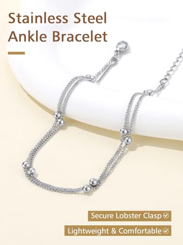 FindChic Ankle Bracelets for Women, Silver/Black/Gold Plated Layered Stainless Steel Anklets, Non-Tarnish Adjustable Waterproof Trendy Foot Jewelry for Beach Summer - style: Layered Ball Chain-Silver