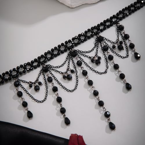 Chargances Vintage Crystal Beaded Long Pendant Necklace 90s Victorian Black Lace Choker Charm Layered Chain Necklace Jewelry for Women(Style 4)