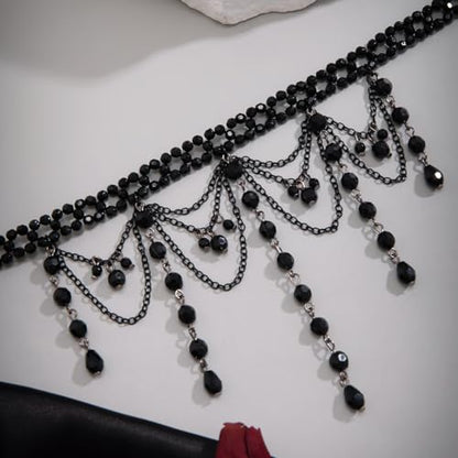 Chargances Vintage Crystal Beaded Long Pendant Necklace 90s Victorian Black Lace Choker Charm Layered Chain Necklace Jewelry for Women(Style 4)