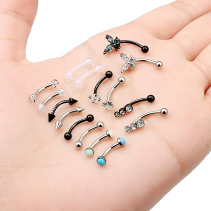 16g 8mm Silver/Black/Rainbow Eyebrow Piercing Jewelry Rings Curved Barbell Vertical Labret Lip Surgical Steel Small Belly Button Snake Eyes Tongue Rook Earrings for Women Men - color: Black / Blue