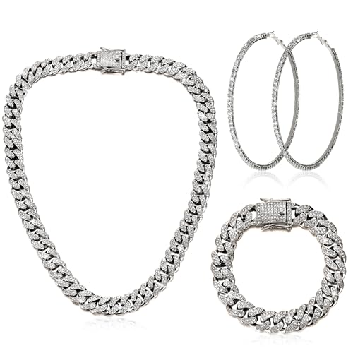 Batiyeer 3 Pcs Cuban Link Chain Necklace Bracelet Rhinestone Hoop Earrings Bling Crystal Hip Hop Jewelry for Women(16 Inch,Steel Black) - color: Steel Black, size: 16 Inch
