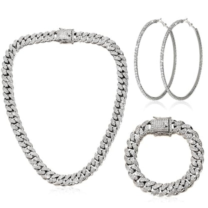 Batiyeer 3 Pcs Cuban Link Chain Necklace Bracelet Rhinestone Hoop Earrings Bling Crystal Hip Hop Jewelry for Women(16 Inch,Steel Black) - color: Steel Black, size: 16 Inch