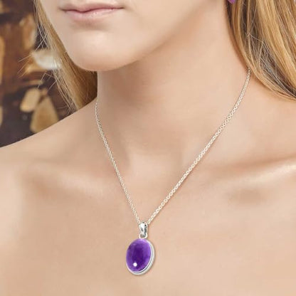 Chunky Natural Gemstone Pendant Necklace For Women Onyx, Turquoise, Amber, Garnet Oval Boho Genuine 925 Sterling Silver Handmade Jewelry - color: Amethyst