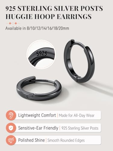 FaithHeart 925 Sterling Silver Post Huggie Hoop Earrings for Women 8-20mm | Silver/Black/Gold/Rose Gold Small Hoop Earrings, Hypoallergenic Lightweight Cartilage Huggie Earrings, Gift Box - color: Black, size: 16mm
