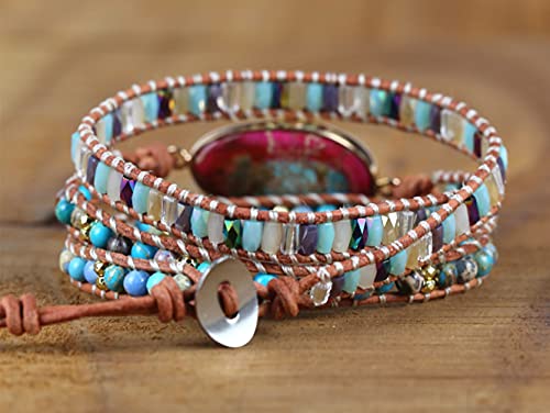 Handmade Boho Wrap Bracelets Natural Turquoise Crystal Stone Variety Beaded Strand Bracelet - color: Imperial Jasper