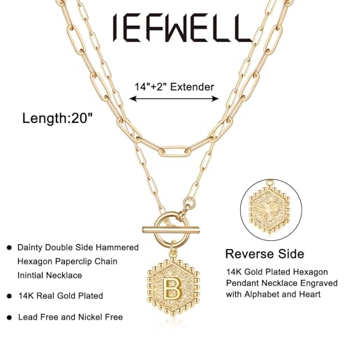 IEFWELL Layered Gold Necklaces for Women, Letter A-Z Initial Necklaces | Necklaces for Women Girls, 14K Gold Plated, Paperclip Chain Necklace, Toggle Clasp Layered Necklace, Jewelry Birthday Gift - size: 16"+2"/20"+2", style: B