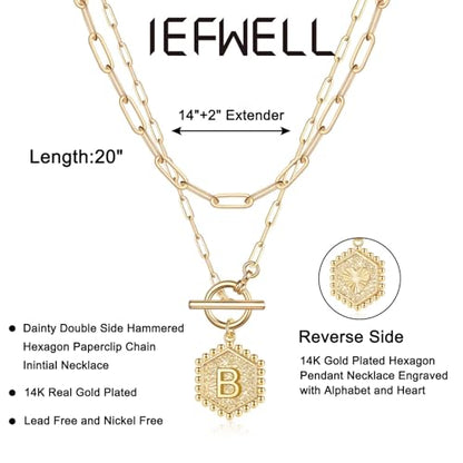 IEFWELL Layered Gold Necklaces for Women, Letter A-Z Initial Necklaces | Necklaces for Women Girls, 14K Gold Plated, Paperclip Chain Necklace, Toggle Clasp Layered Necklace, Jewelry Birthday Gift - size: 16"+2"/20"+2", style: B