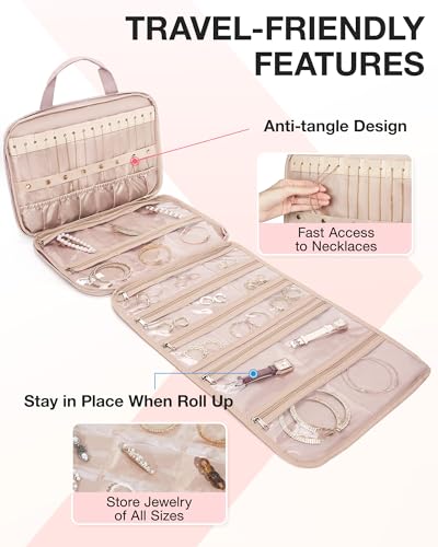 BAGSMART Travel Jewelry Case, Hanging Roll Jewelry Bag with Zipper Pockets Jewelry from Oxidation, Large Capacity for Earrings, Necklaces, Rings on Closet, Wall, Door, Portable Travel Essentials, Pink - color: Pink