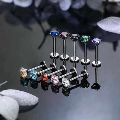 Titanium Flat Back Lip Rings Threadless Push in Earrings Studs Nose Rings 20G 18G 16G Mix Colors CZ Tragus Cartilage Lobe Rook Helix Conch Labret Medusa Nostril Piercing Jewelry for Women Men - size: 16G 6mm - 4mm CZ