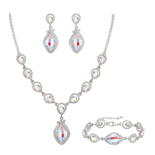 EVER FAITH Bridal Wedding Crystal Marquise Teardrop Pendant Necklace Earrings Bracelet Set for Prom - color: Iridescent AB Silver-Tone
