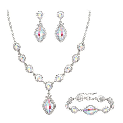 EVER FAITH Bridal Wedding Crystal Marquise Teardrop Pendant Necklace Earrings Bracelet Set for Prom - color: Iridescent AB Silver-Tone