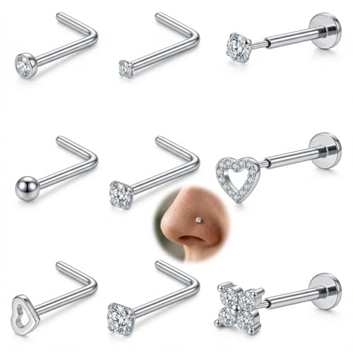 AceFun L Shape Nose Stud Flat Back 18G Threadless Gold Nose Stud for Women Men 316L Stainless Steel CZ Diamond Heart Ball Helix Tragus Piercing Jewelry Nostril Studs 9 Pieces Set - color: Nose Stud Flat Back-9 Pieces-Silver