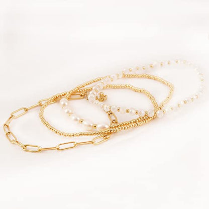Dainty Gold Plated Pearl Crystal Beaded Bracelets Set for Women 14K Gold Plated Bead Pearl Beads Bracelet Stackable Paperclip Link Chain Bracelets Gold Plated Bracelets for Women Trendy Jewelry - color: Style2