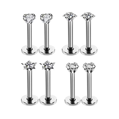 HQLA 16G Love/Star/Square/Round Shape Clear CZ Labret Monroe Lip Ring Tragus Nail Helix Earring Stud Piercing Jewelry Surgical Stainless Steel Bar 8mm CZ 3mm 4 Pairs