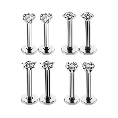 HQLA 16G Love/Star/Square/Round Shape Clear CZ Labret Monroe Lip Ring Tragus Nail Helix Earring Stud Piercing Jewelry Surgical Stainless Steel Bar 8mm CZ 3mm 4 Pairs
