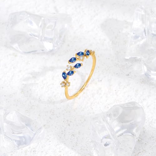 Gold Rings Non Tarnish Silver Adjustable Rings for Women Cubic Zirconia Leaf Ring Dainty Silver Stackable Ring for Women - style: blue