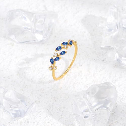 Gold Rings Non Tarnish Silver Adjustable Rings for Women Cubic Zirconia Leaf Ring Dainty Silver Stackable Ring for Women - style: blue