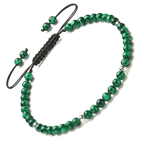 Natural Stone&925 Sterling Silver/18K Gold Anklet,│4MM│9-12 in│, Hand Woven, Adjustable Size - color: Malachite,4MM