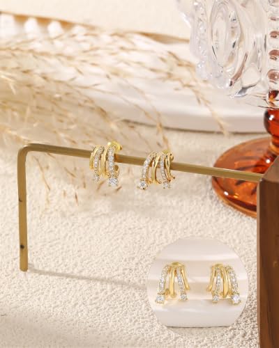 Dangle Gold Earrings for Women Trendy Triple Huggie Chain Earrings 14K Gold Plated Statement Cute Drop Dangle Earrings Dainty Hypoallergenic Chunky Hoop Earrings Fun Earring Stacks Jewelry - color: I-CZ Earrings