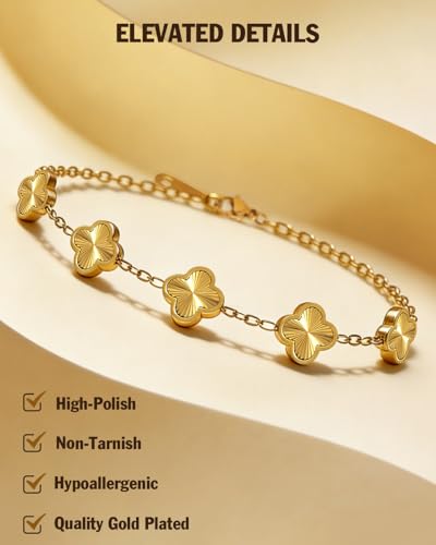 Four Leaf Clover Bracelet 18K Gold Plated Bracelets for Women Lucky Flower Design Stainless Steel Hypoallergenic Link Chain Adjustable Dainty Trendy Jewelry Gifts for Women - color: Gold