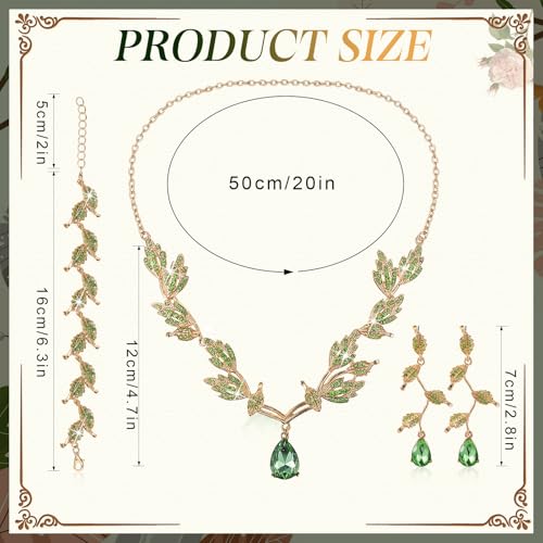 Wedding Jewelry Set for Women, Rhinestone Leaf Tiara Headband Crown Necklace Earrings Bracelet for Women - color: Gold,Green