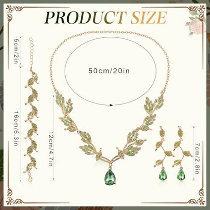 Wedding Jewelry Set for Women, Rhinestone Leaf Tiara Headband Crown Necklace Earrings Bracelet for Women - color: Gold,Green