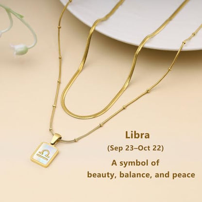 LETFLY Layered Zodiac Necklace for Women 18K Gold Natural Shell Pendant | Birthday Gifts for Women, Daily Wear, Hypoallergenic Material, Personalized Constellation Pendant, Adjustable, Snake Chain - style: Libra