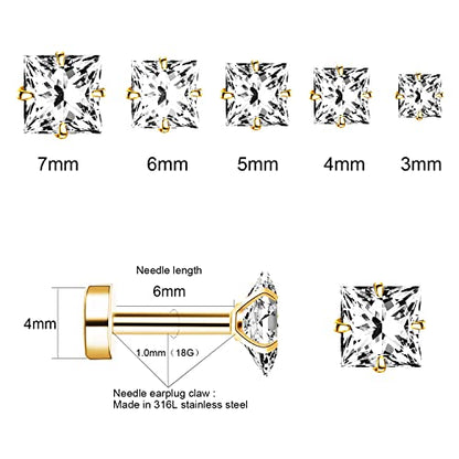 Princess Cut Clear Cubic Zirconia Stud Earrings for Women Men Square Earrings Studs Hypoallergenic Surgical Steel Helix Screw Back Earrings 18G 5 Pairs 3-7mm - color: Gold