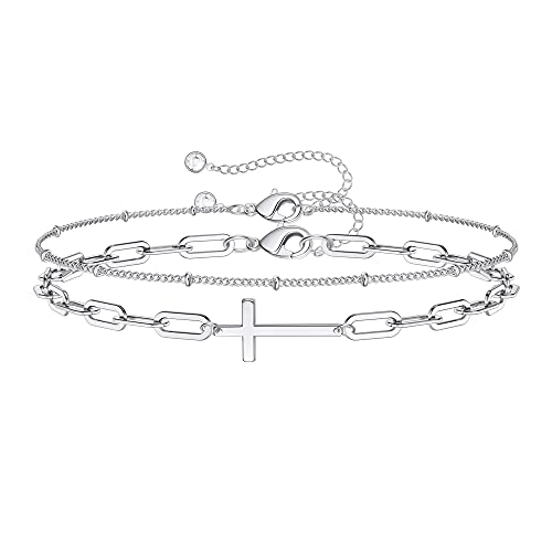 Dainty Gold Bracelets for Women, 14K Gold Plated Adjustable Layered Beads Bracelet Cute Evil Eye Oval Chain Pearl Bar Turtle Gold Bracelets for Women Jewelry - style: Beads Chain&Cross-Silver