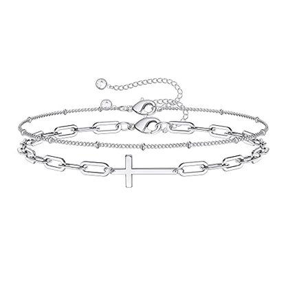 Dainty Gold Bracelets for Women, 14K Gold Plated Adjustable Layered Beads Bracelet Cute Evil Eye Oval Chain Pearl Bar Turtle Gold Bracelets for Women Jewelry - style: Beads Chain&Cross-Silver